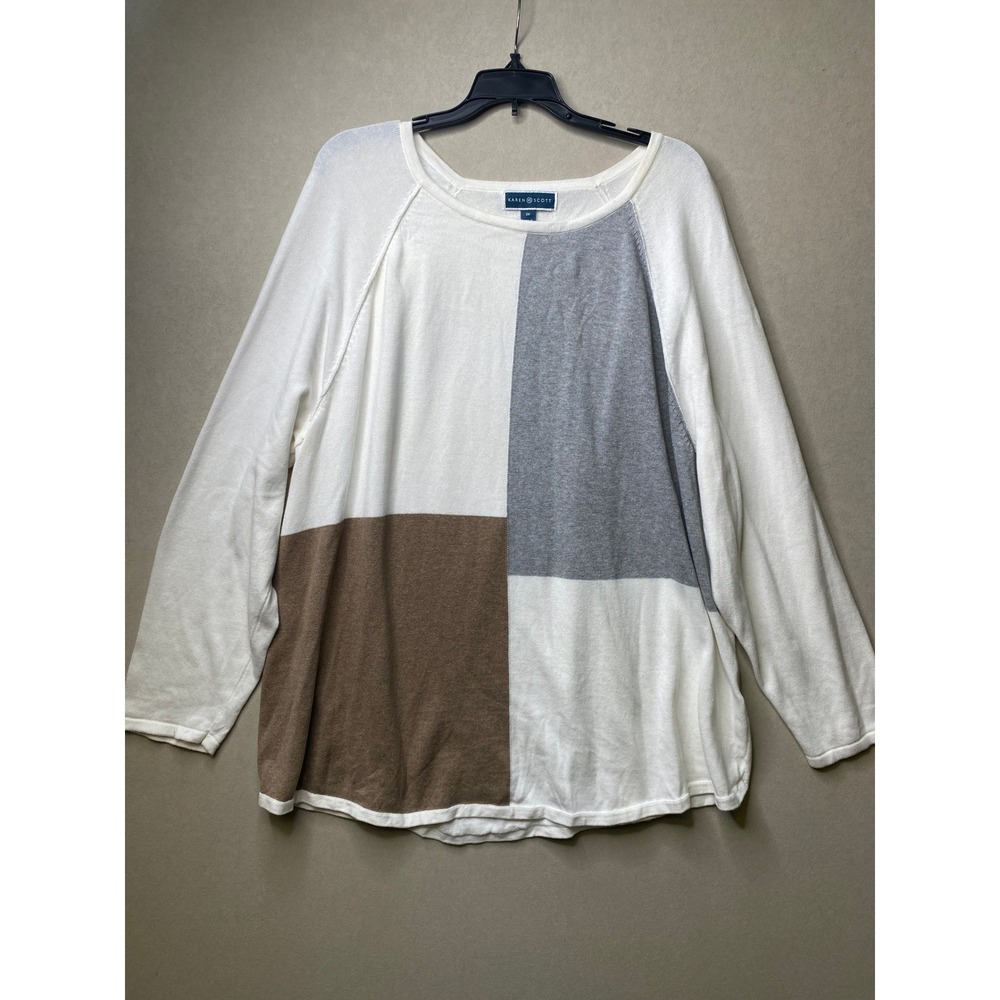 Karen Scott Womens 2X Colorblock Cotton Long Sleeve Sweater White Grey Brown